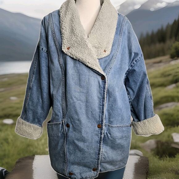 Wrangler Ranch Denim Coat Heavyweight Sherpa Snap Oversized Medium Ursula $218 - Picture 1 of 14